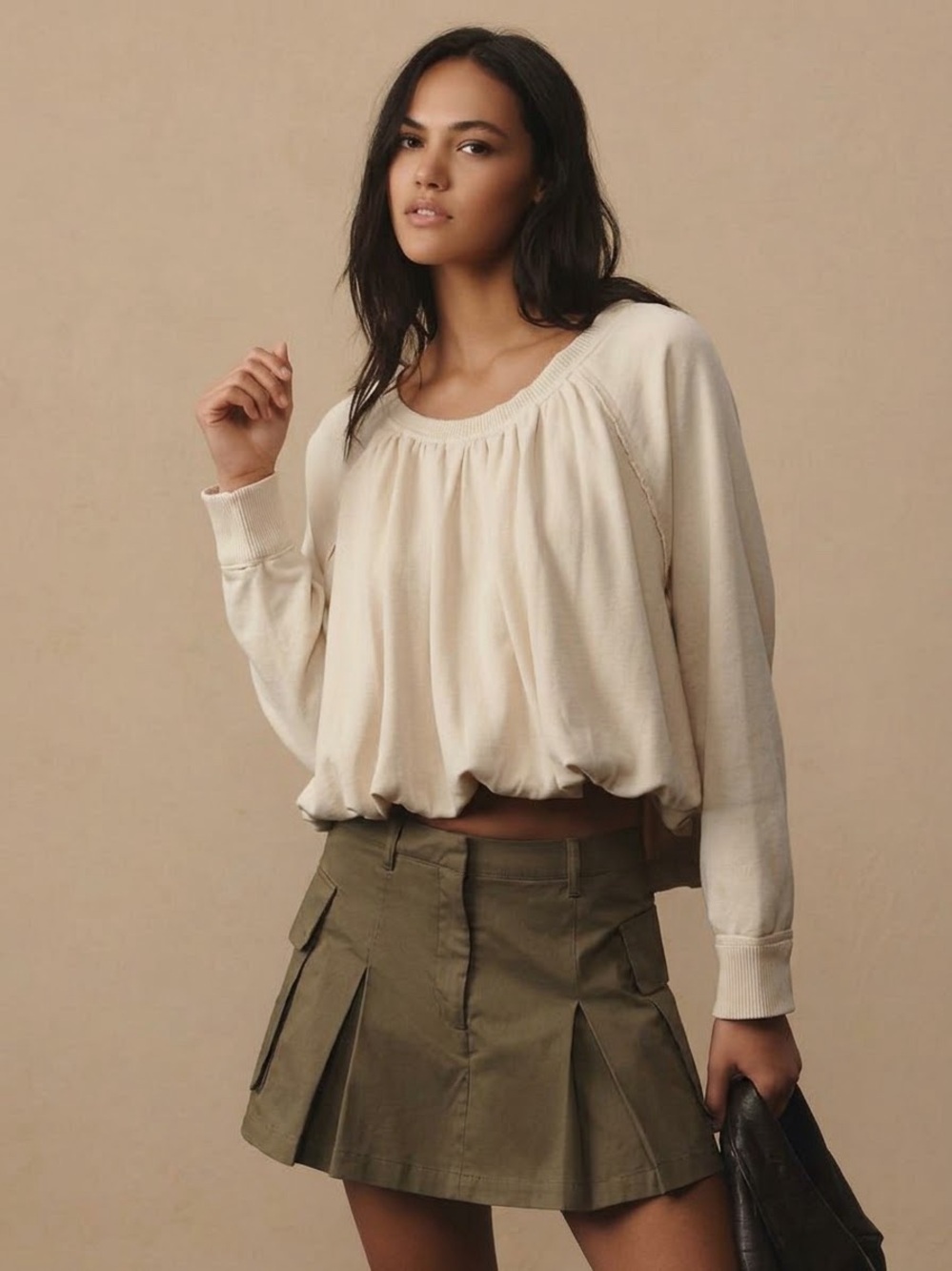 Anthropologie Pilcro Cream Long Sleeve Bubble Sweatshirt Gathering Pullover Top⁠